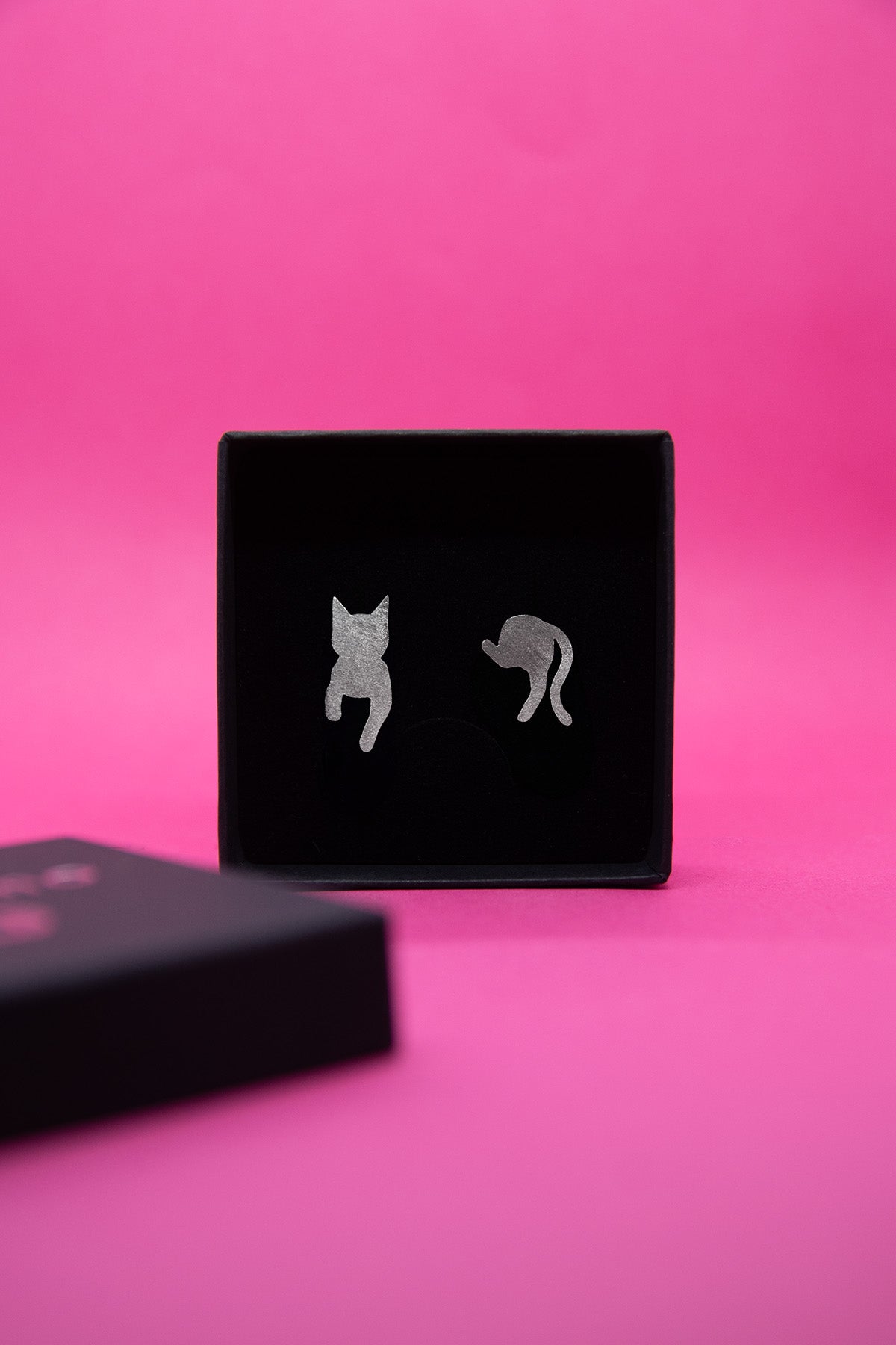 Hopeiset leikkisät kissakorvakorut nappikiinnityksellä. Näiden eriparikorvakorujen toisessa korussa kissan siluetti on kuvattu edestä ja toisessa takaa. Koruissa on mattapinta.